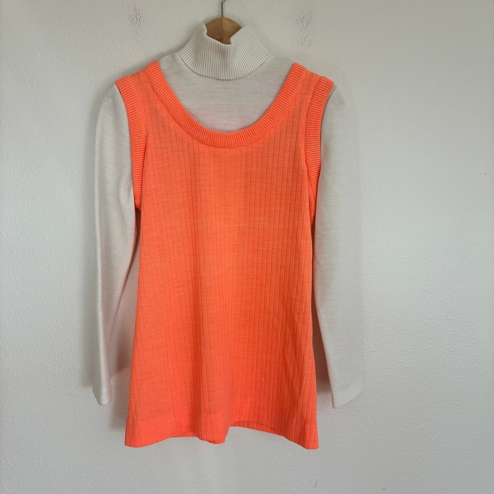 Vtg 70s Jonathan Logan Knit Turtleneck Top Womens M Orange White Ribbed Retro